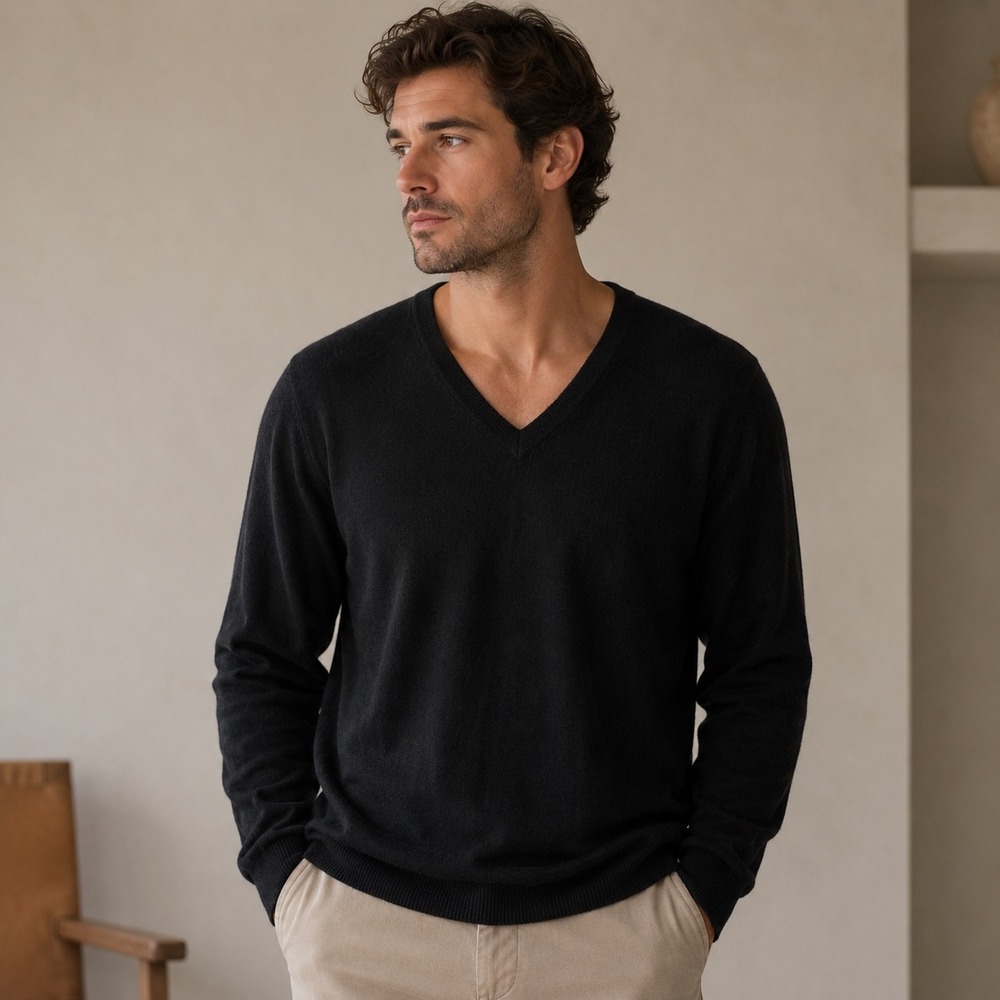 Parisian Signature Black 100% Cashmere Sweater V-Neck Office Capsole Mens XXL